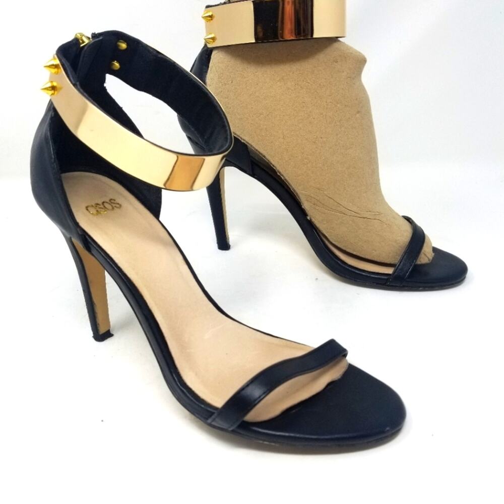 Asos Black Gold Ankle Band Stilettos Heels Zipper Back Size 5
